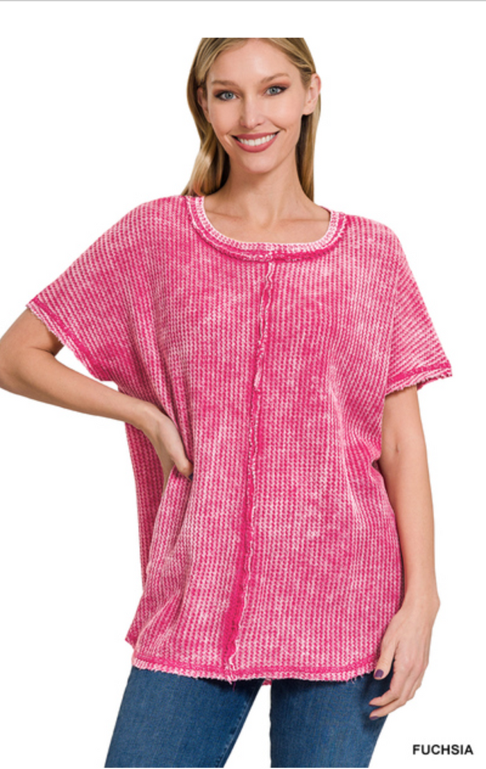 ZENANA WASHED WAFFLE BABY WAFFLE SHORT SLEEVE TOP - FUCHSIA