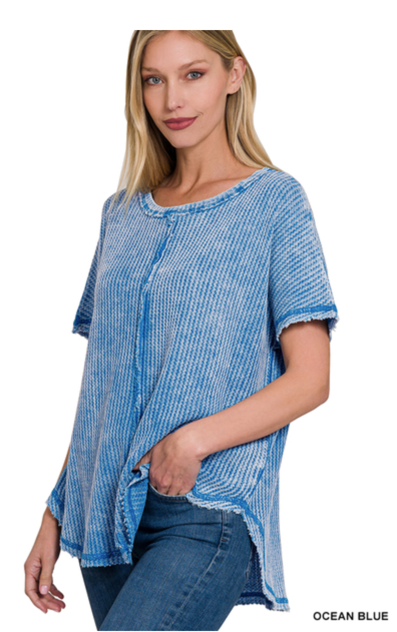 ZENANA WASHED WAFFLE BABY WAFFLE SHORT SLEEVE TOP - OCEAN BLUE