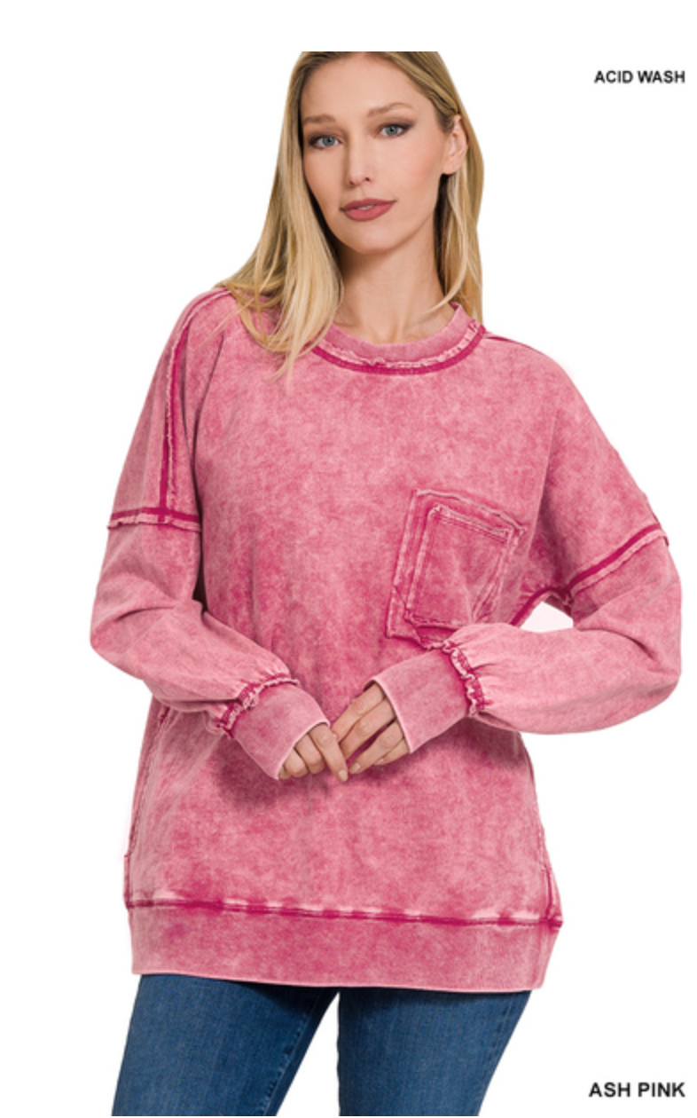 ZENANA FRENCH TERRY ACID WASH RAW EDGE FRONT POCKET PULLOVER