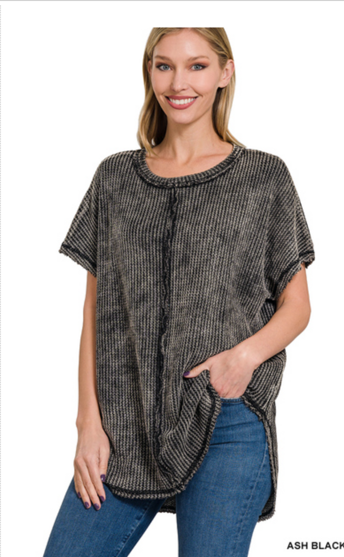 ZENANA WASHED WAFFLE BABY WAFFLE SHORT SLEEVE TOP - ASH BLACK