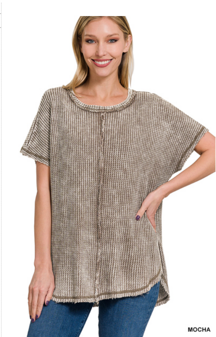 ZENANA WASHED WAFFLE BABY WAFFLE SHORT SLEEVE TOP - MOCHA