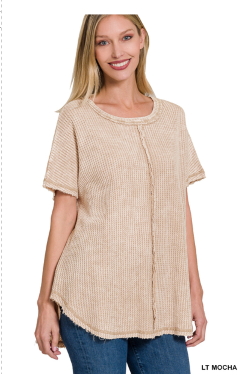 ZENANA WASHED WAFFLE BABY WAFFLE SHORT SLEEVE TOP - LT MOCHA